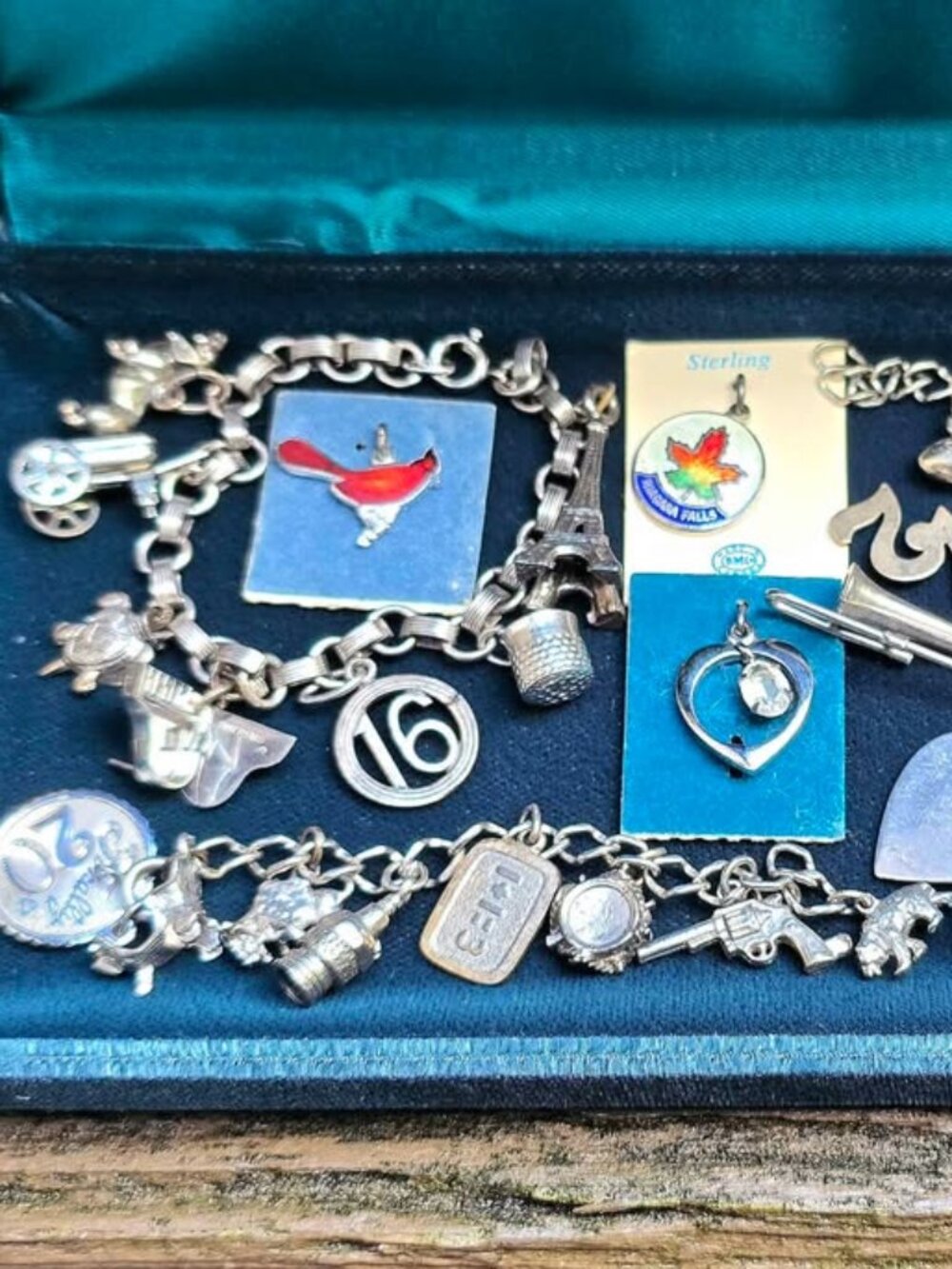 Vintage Sterling Silver Charm Bracelet Lot Wells Dog Piano Hearts Bird Turtle